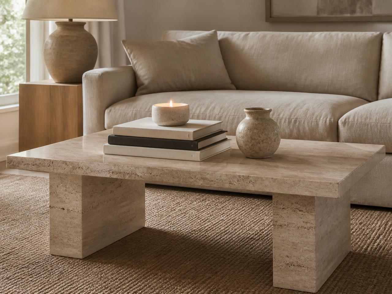 The same living room after styling — books, vase and candle layered on the coffee table