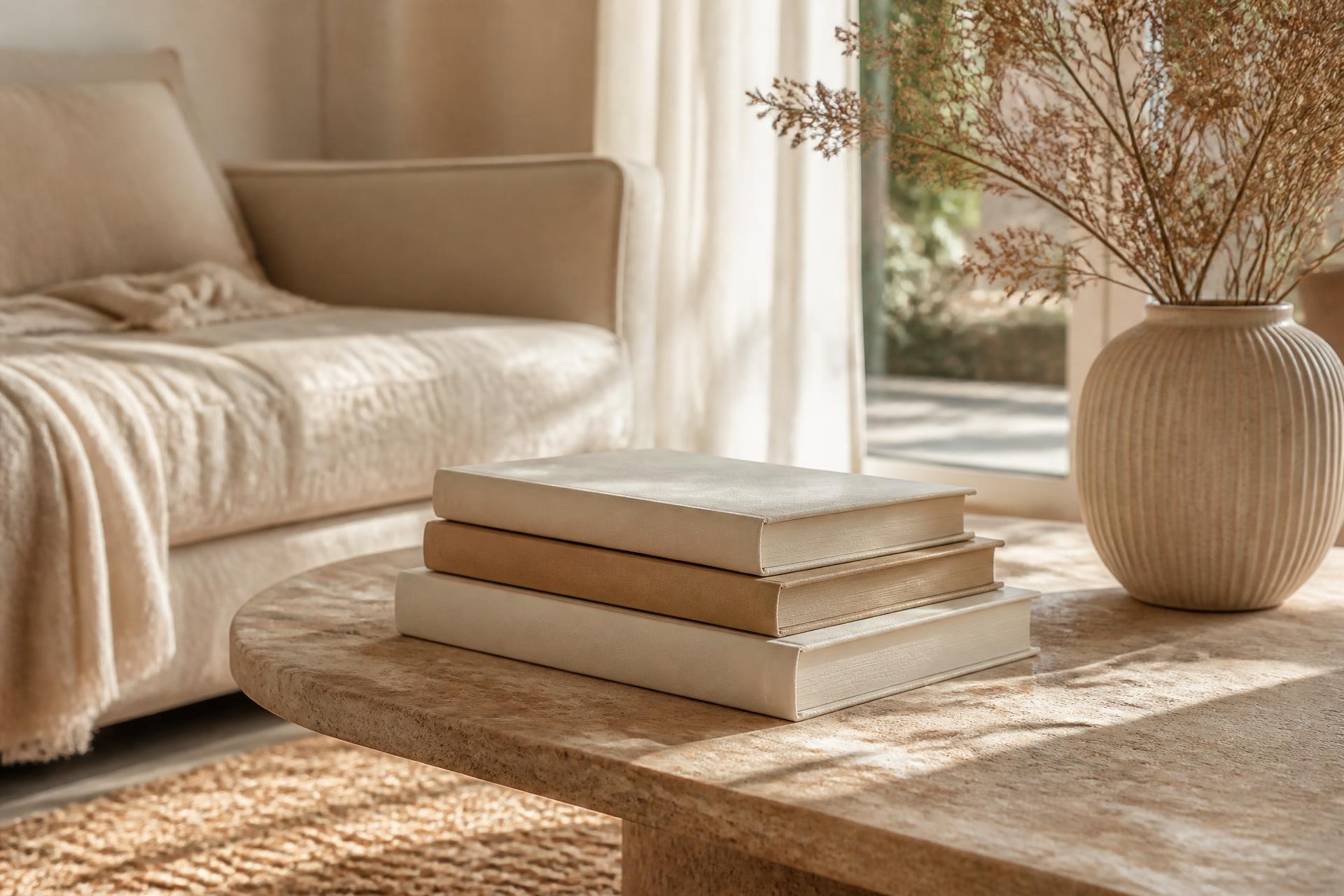 Decorative books stacked on a travertine coffee table in a warm neutral Australian living room